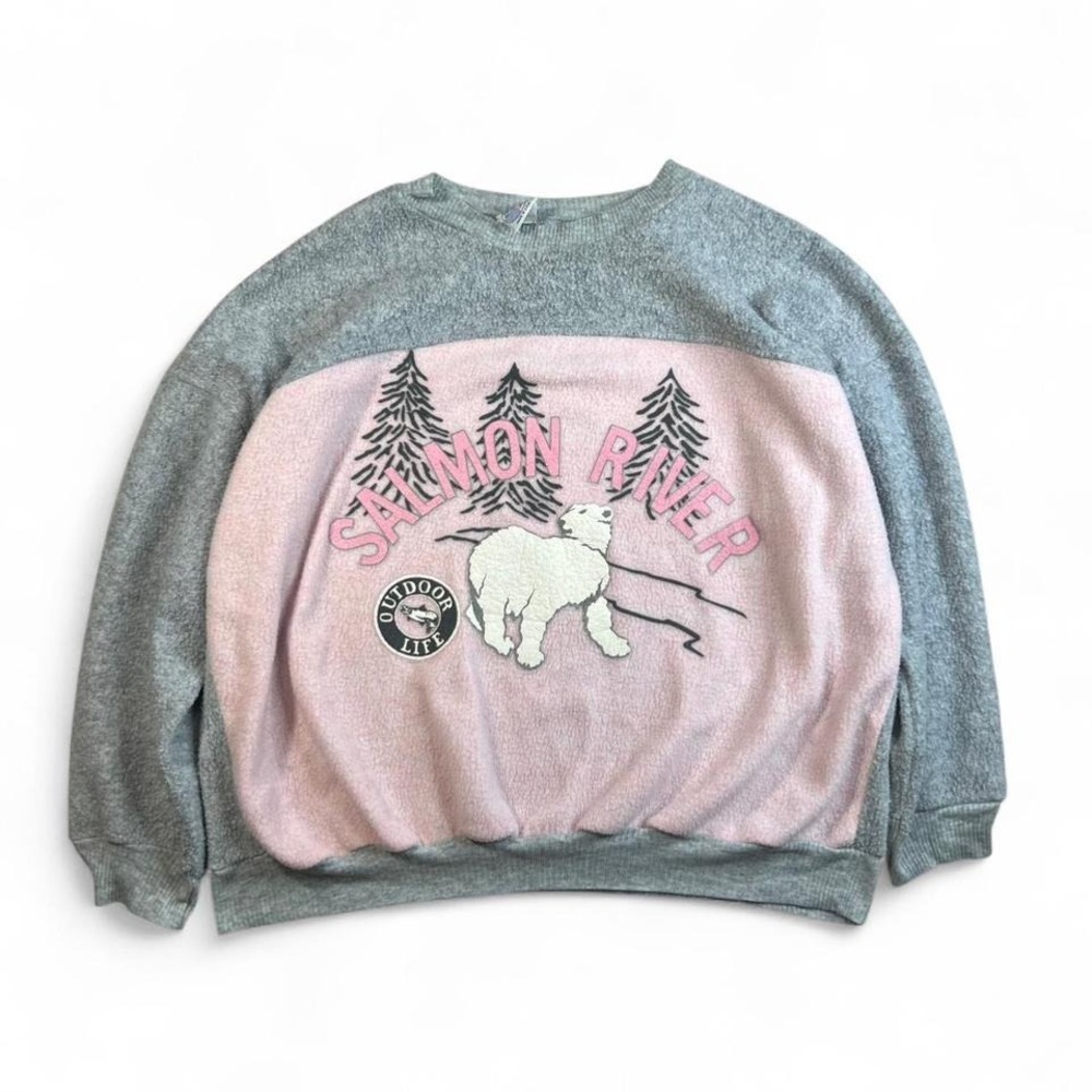 Vintage Made in USA Salmon River pink and grey fleece crewneck sweatshirt - Picture 1 of 6